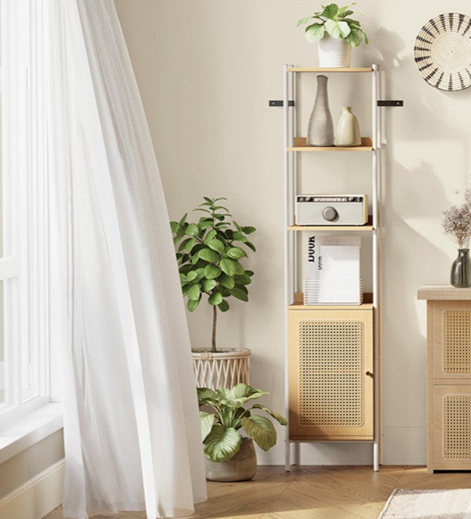 Βιβλιοθήκη 6 Επιπέδων Ψηλό Ράφι Πόρτα Rattan Boho Μεταλλικός Σκελετός Μαύρο LL-S122B56