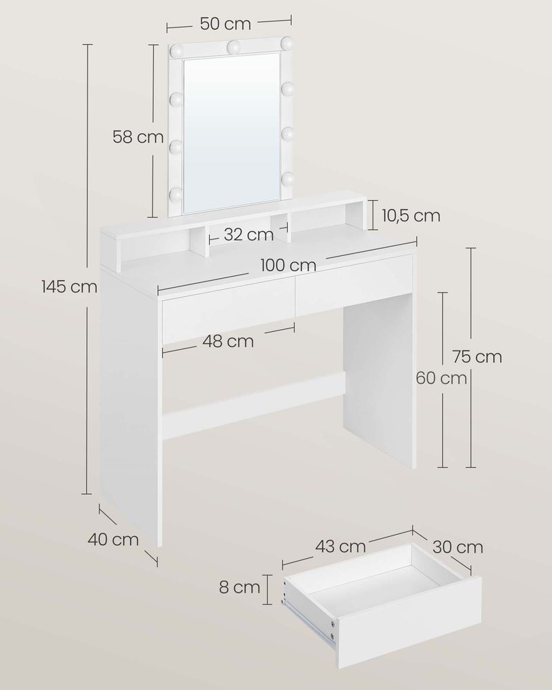 Dressing Table Makeup Dressing Table Bedroom Toilet Mirror White with LED Lighting Adjustable Brightness RD-T164W01 